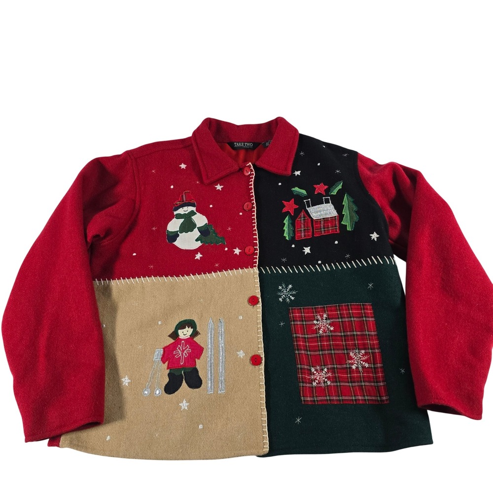 Take Two Clothing Co Womens Wool Blend Christmas Patchwork Jacket Red Green L